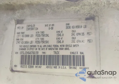 1998 Dodge Dakota Slt/Sport из США, поврежденный, VIN 1B7GL22X6WS766159